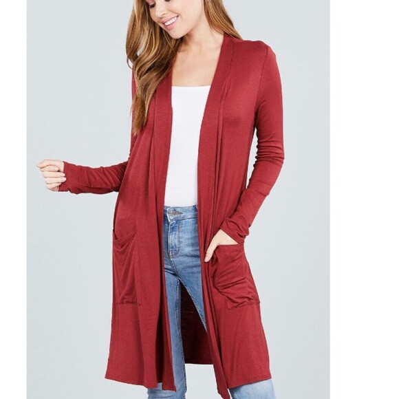 Zenana Sunday Morning Open Front Cardigan-Small-Slouchy-Slinky-Pockets-Red NWOT - Picture 1 of 6